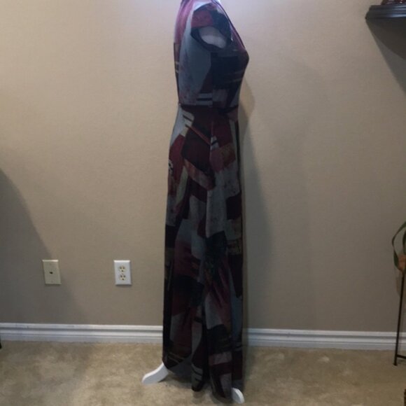 OLIVIA MATTHEWS Burgundy and Gray Patchwork Fit & Flare Maxi Dress-Size S - Picture 4 of 13